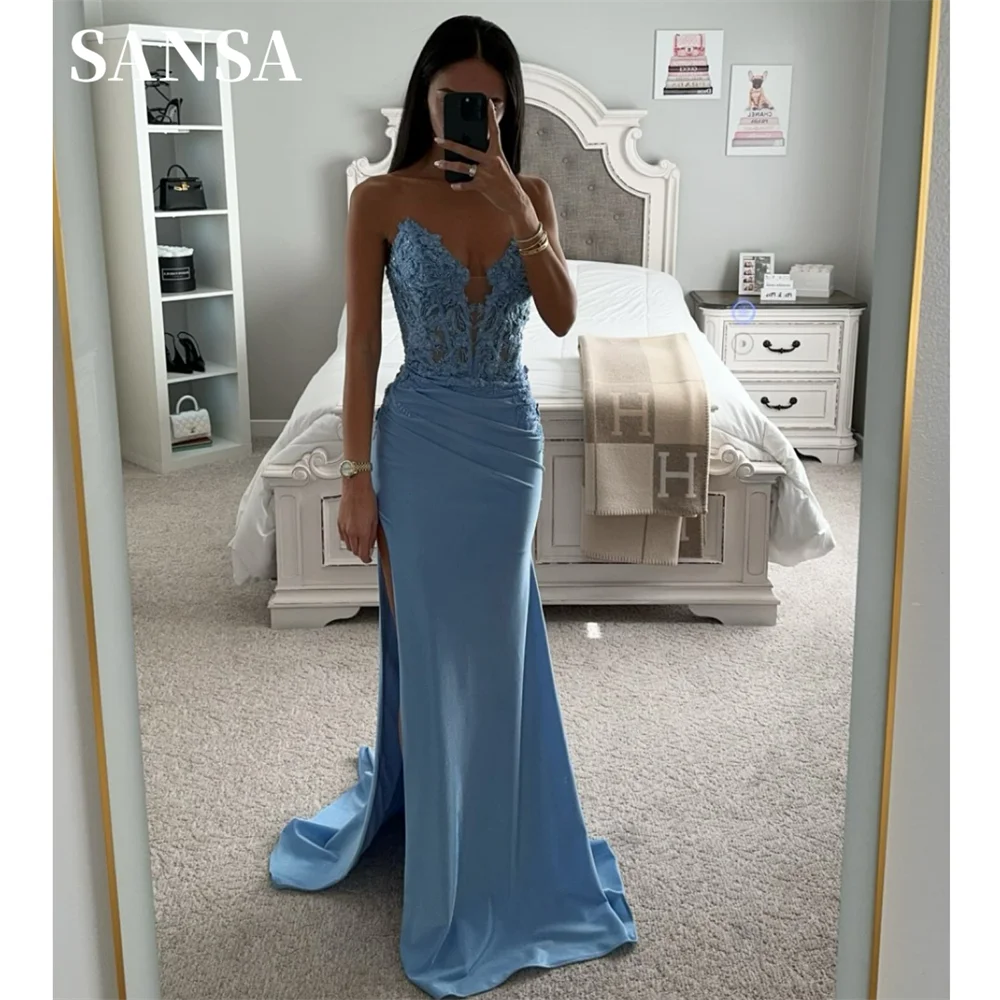 

Sansa Mermaid Prom Dress Blue Strapless Fishtail Vestidos De Noche Strapless Evening Dresses Lace Embroid Party Dresses