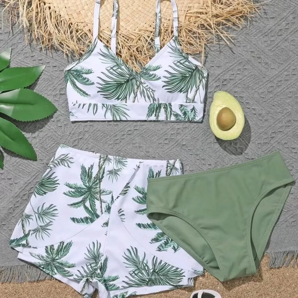 Printed 3-Piece Girls Swimsuit Set Big Kid Tankini Bikini Swimwear Beachwear Summer Holiday 2 Pieces Tankini Swimsuits Women Biq