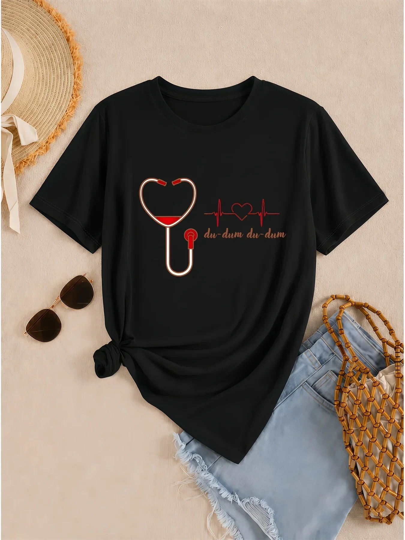 Stethoscope Heartbeat Graphic Tee Women Nurse Letter Print Short Sleeve White T-Shirt Loose Fit Casual Summer Medical Y2k Top