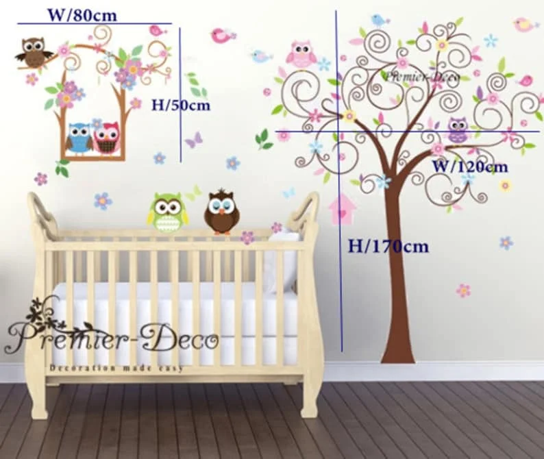 Large Swing Tree , Cute Owls , Butterfly , Nursery baby Girl's Boys Unisex Bedroom Wall Decal , removable wall sticker