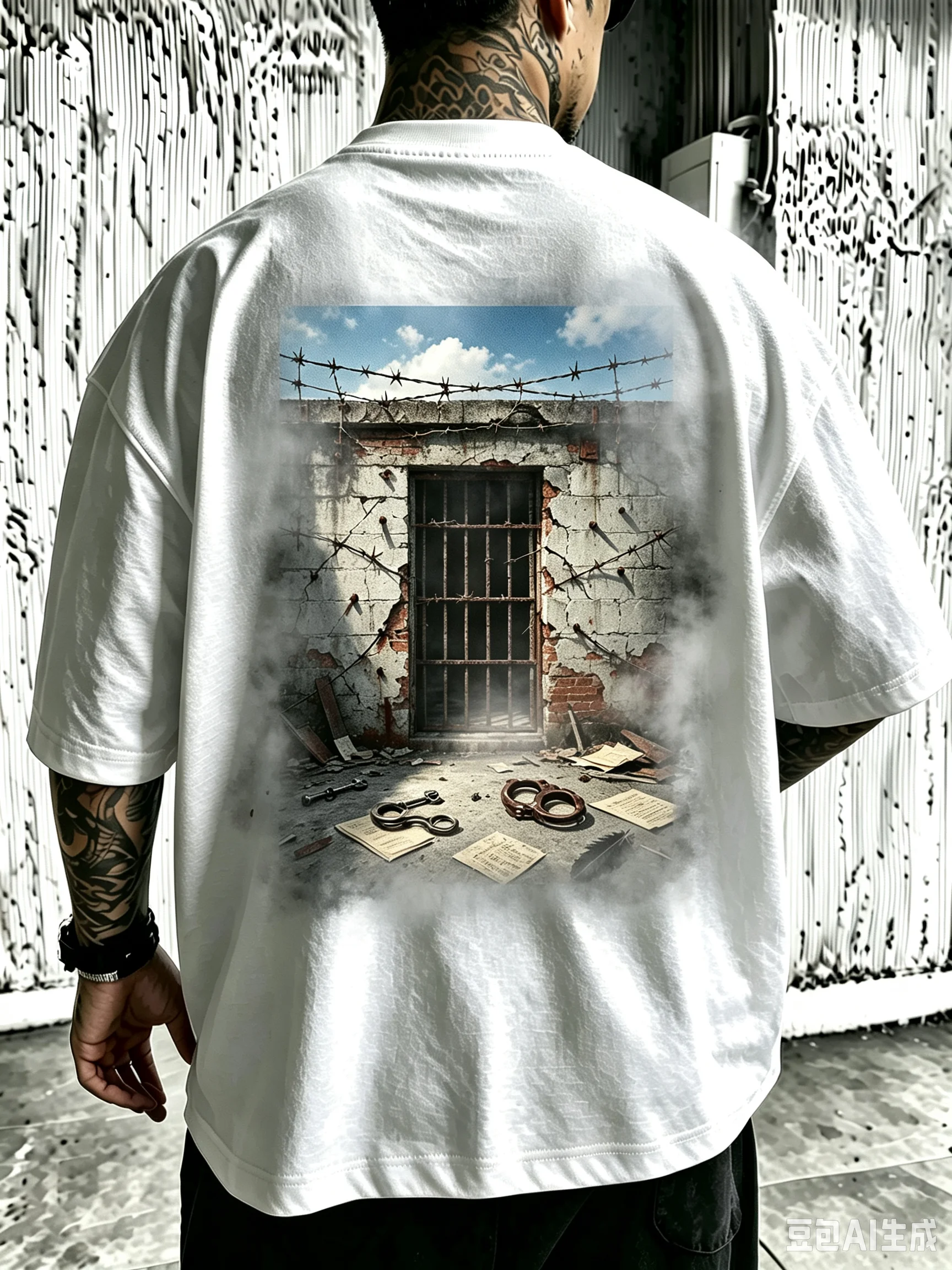 Unisex Vintage T Shirt, Abandoned Prison Window Barbed Wire Graphic Tee, Freedom And Sin Theme Casual Oversized Short Sleeve, Men Women Streetwear Cotton T-shirt