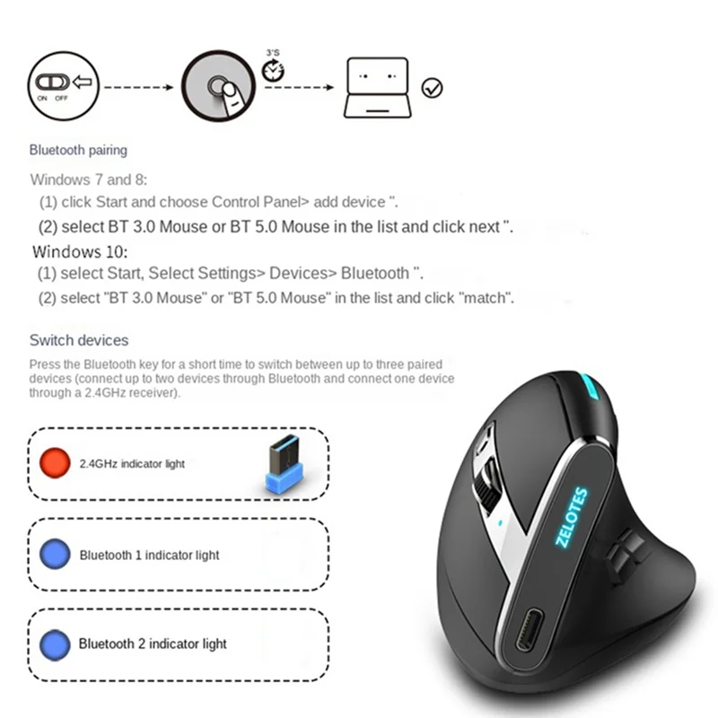 

ATP-F36 Wireless Vertical RGB Gaming Optical Mouse 9 Button Vertical Ergonomic Mouse Suitable for Computer Gaming Office B