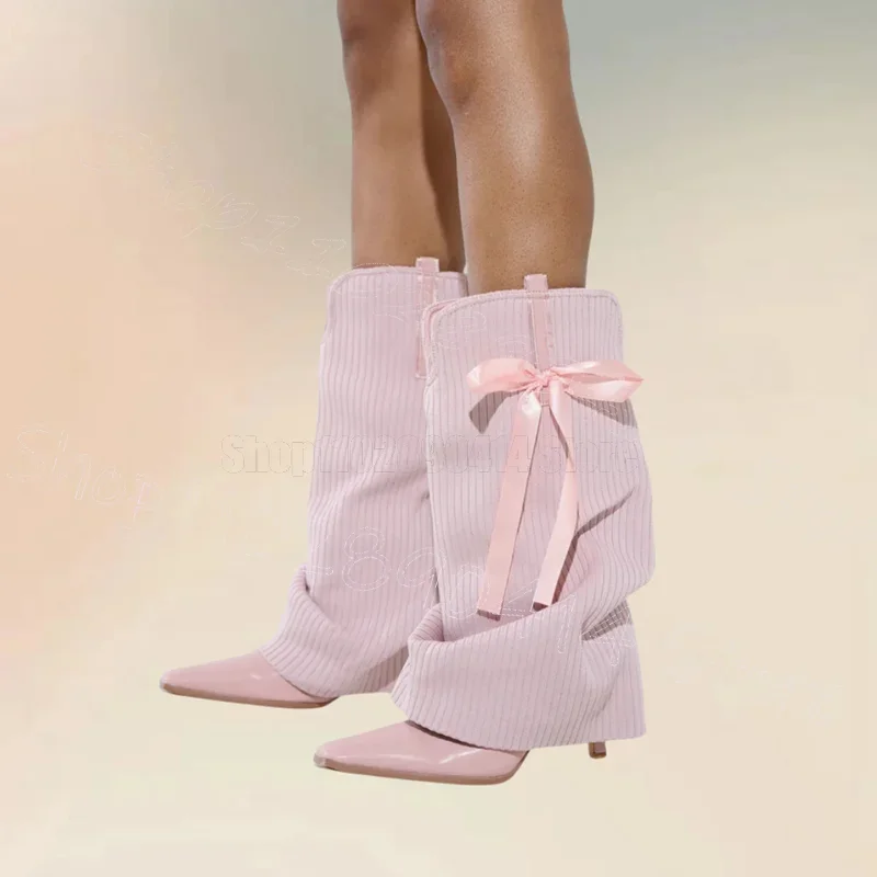 

Pink Woolen Knitting Bow Knot Pointed Toe Boots Slip On Women Shoes Thin High Heels Party Feast Dating 2025 Zapatos Para Mujere