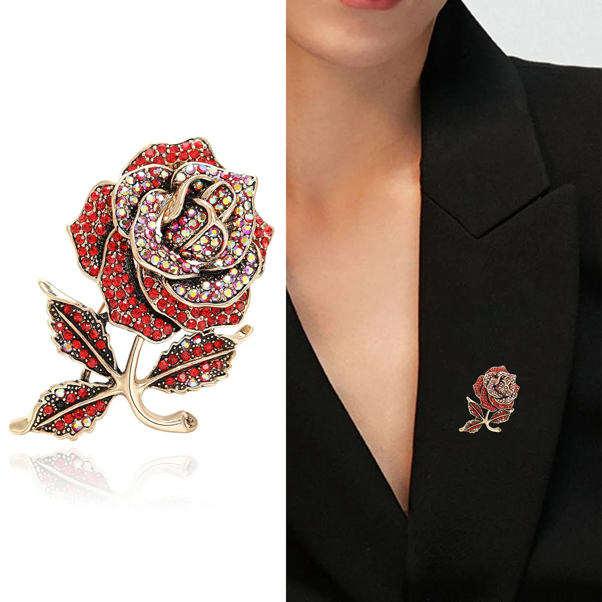 SKEDS Luxury Women Exqusite Rose Flower Shiny Boutique Rhinestone Brooches Pins Lady Gorgeous Crystal Plant Badges Buckle Gift