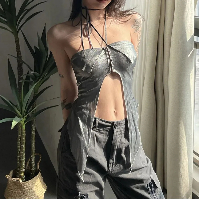 

Chic Pi Shuai-Women's Irregular Split Tank Top, High Waist, Open Navel, Suspended Strap, Versatile, Hanging Neck, Street Style