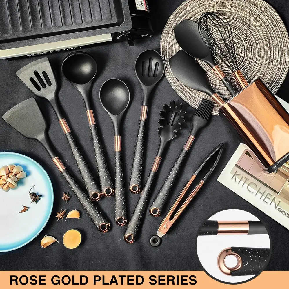 Silicone Cooking Utensils Set Kitchen Heat Resistant Rose Gold-Plated Handle Non-Stick Spatula, Spoon, Quality Gift, 5-13 Pcs