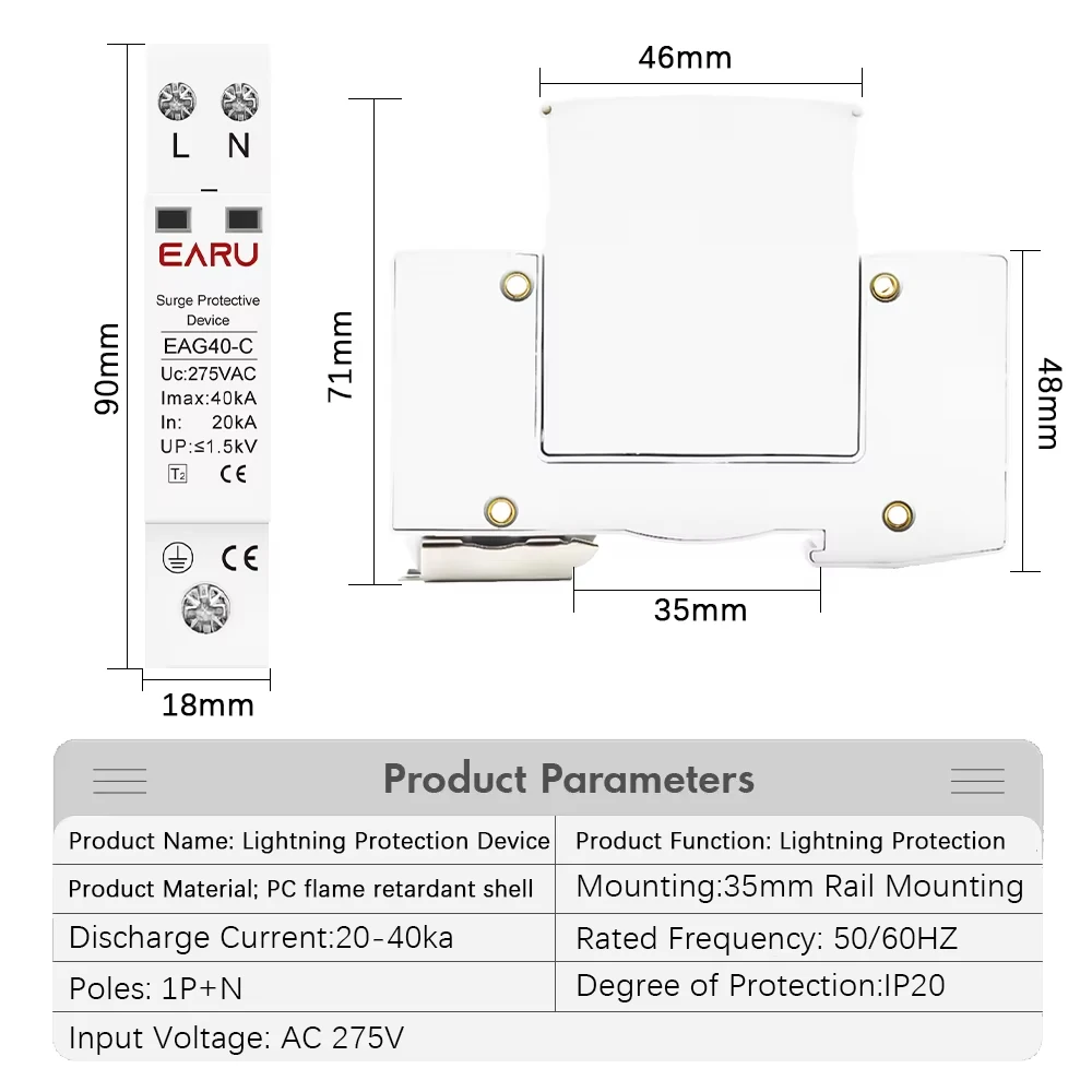 1P+N AC SPD 20KA~40KA 275V House Surge Protector protection Protective Low-voltage Arrester Device