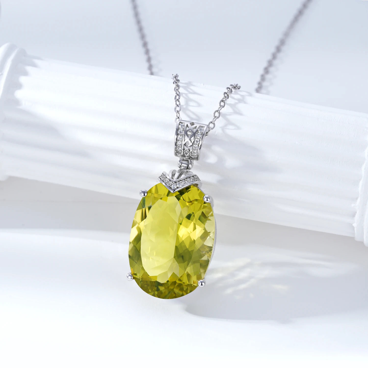 YBO Big Oval Gemstone Pendants Natural Lemon Quartz Fine Jewelry Necklaces 925 Sterling Silver Clavicle Chains For Women Girls