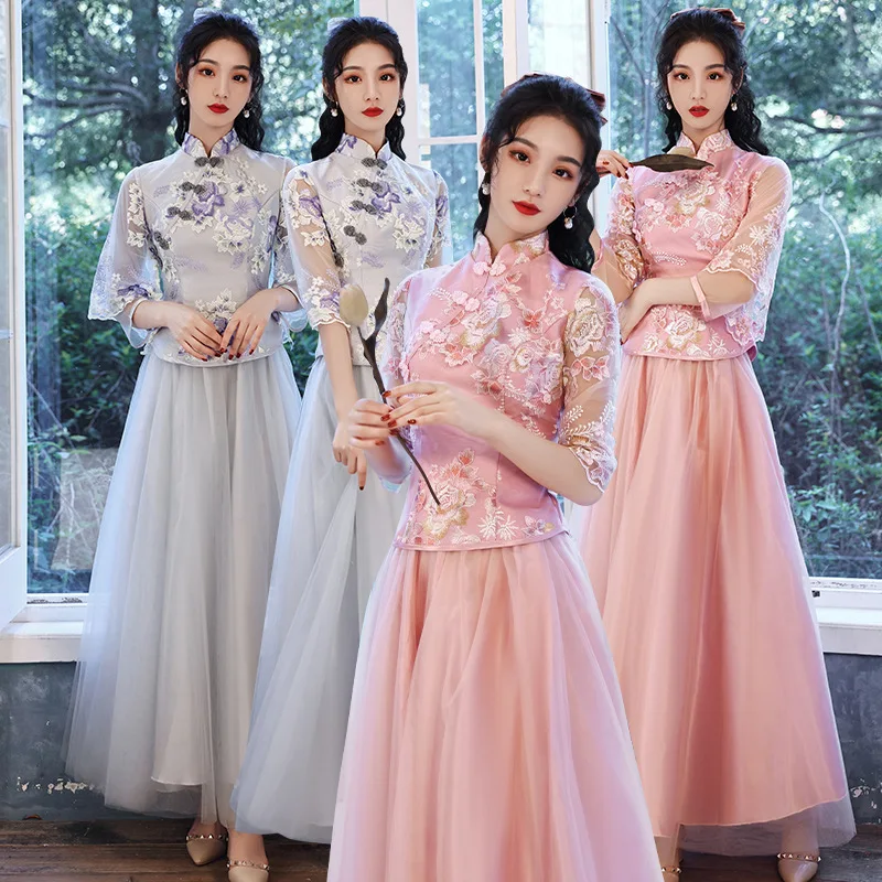 Vintage Button Bridesmaid Wedidng Dress Chinese Style Flower Cheongsam Vestidso Women Elegant Mandarin Collar Embroidered Qipao