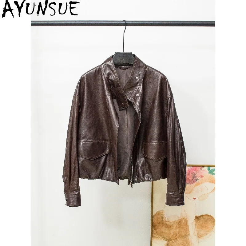 AYUNSUE Oil-wax Sheepskin Jacket Woman Motorcycle Real Leather Jackets for Woman Short Fashion Long Sleeve Tops Woman Clothes