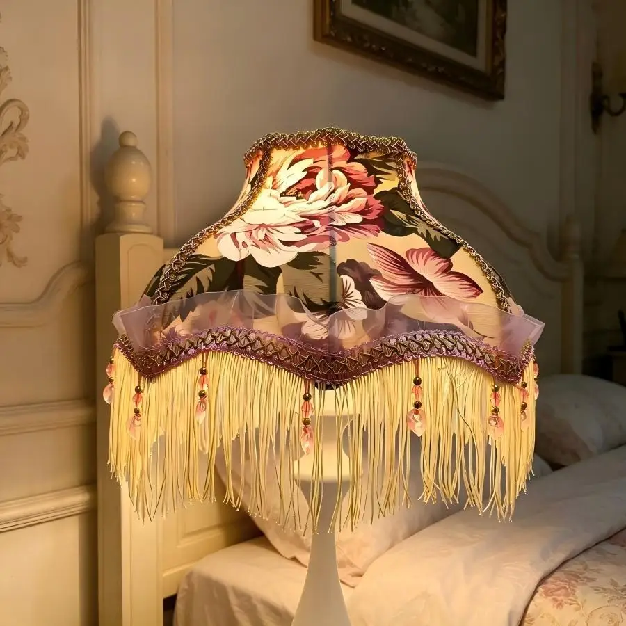 French Style Lampshade Retro Oil Painting Peony Tassel Lampshade