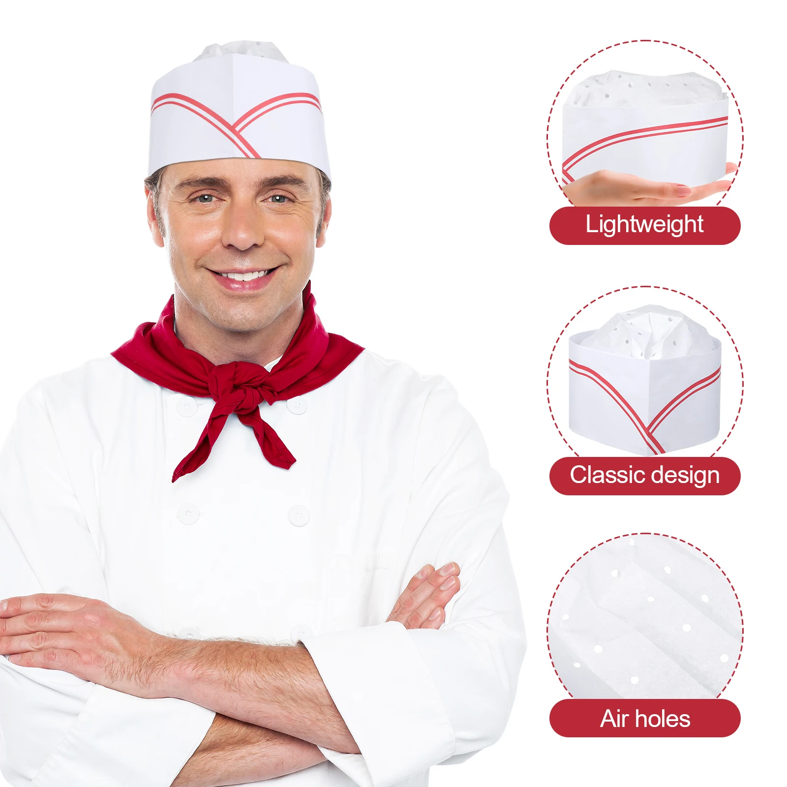 Chapéu de chef de 20 peças, tampas de papel leves e ajustáveis para homens e mulheres, buracos de ar, design clássico, descartável, uso único, uniforme de cozinha