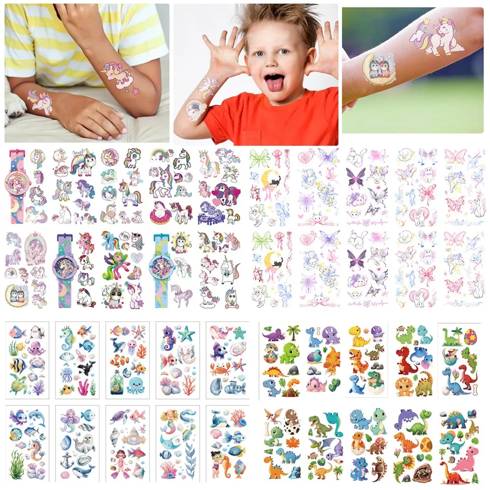 

10Pcs/set Cartoon Unicorn Temporary Tattoo Stickers Cute Dinosaur Butterfly Fish Children Tattoo For Kids Funny Birthday Gift