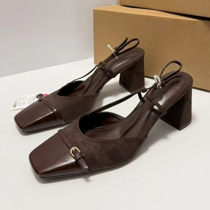 Chunky Heels Summer Women Slingback Sandals Vintage Square Toe Brown Suede Buckle Belt Patchwork Elegant Office Ladies Shoes - view 2