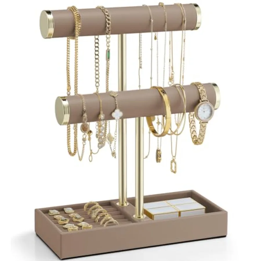 

2 Tier Bracelet Holder with Tray - Leather Jewelry Stand Organizer for Women - Valentines Day Gift Her- Jewelry Holder Display