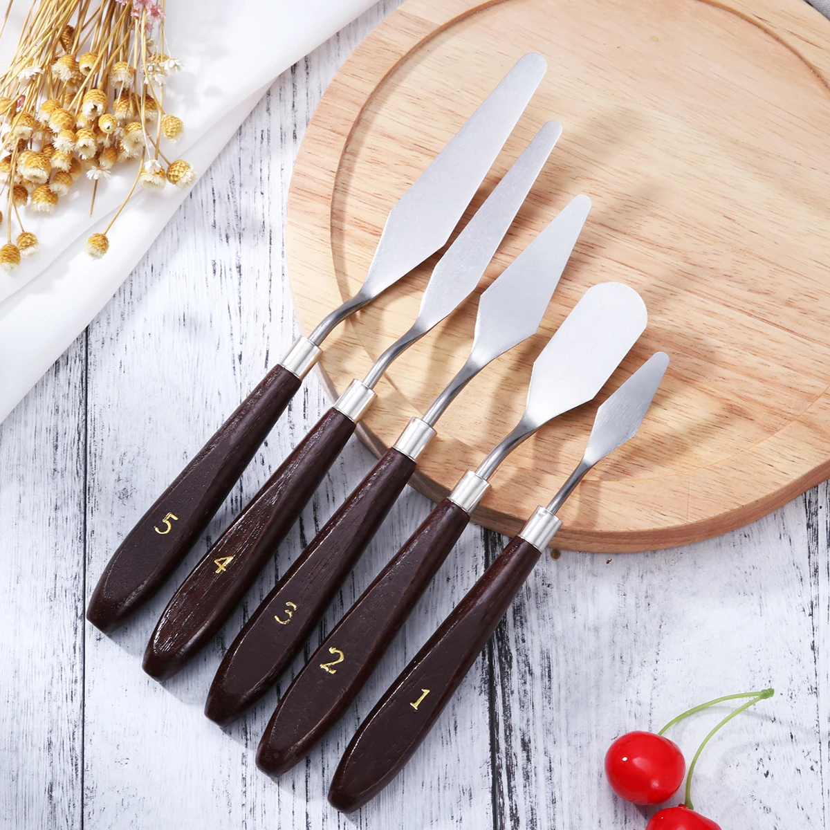 

5 pcs Palette Knives Stainless Steel Blades Wood Handles Art Tools Scrapers Mixing Accessories Oil Painting Students Teachers