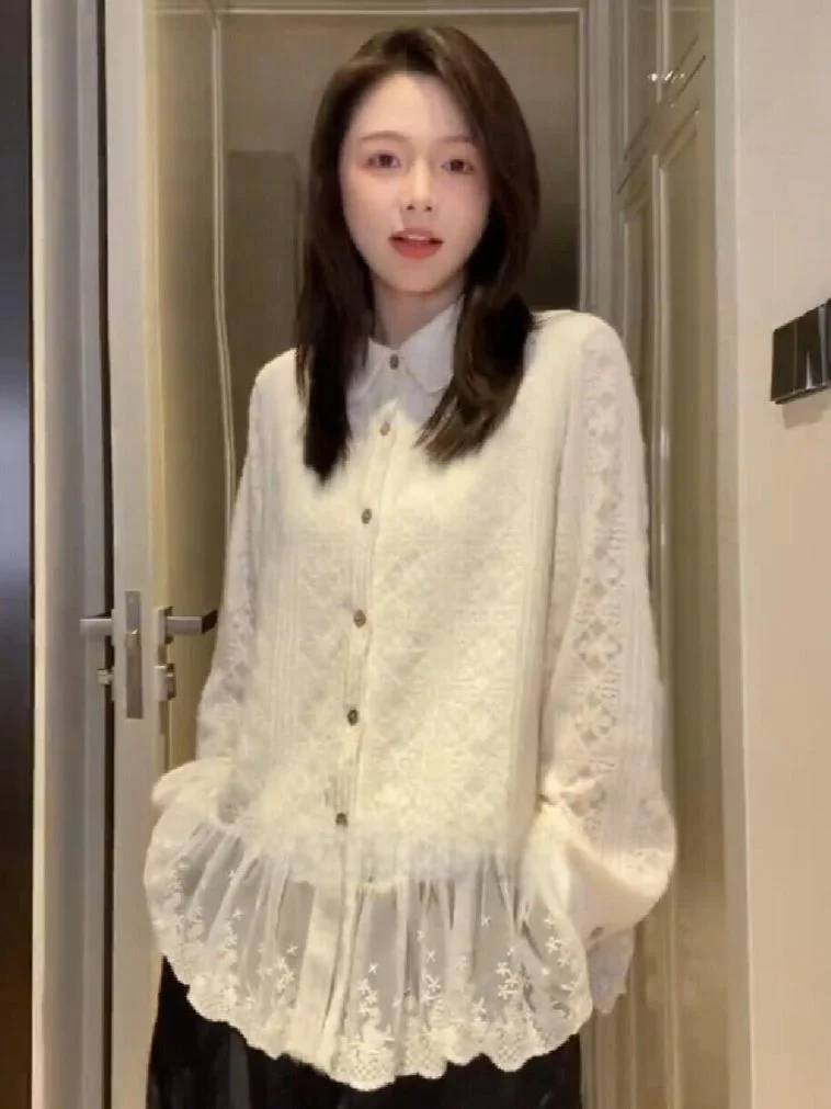 

Свободная вельветовая футболка с длинным рукавом для женщин, летняя, с цветочным принтом, кружевным подолом, в корейском стиле, повседневная, удобная, дышащая, из полиэстера