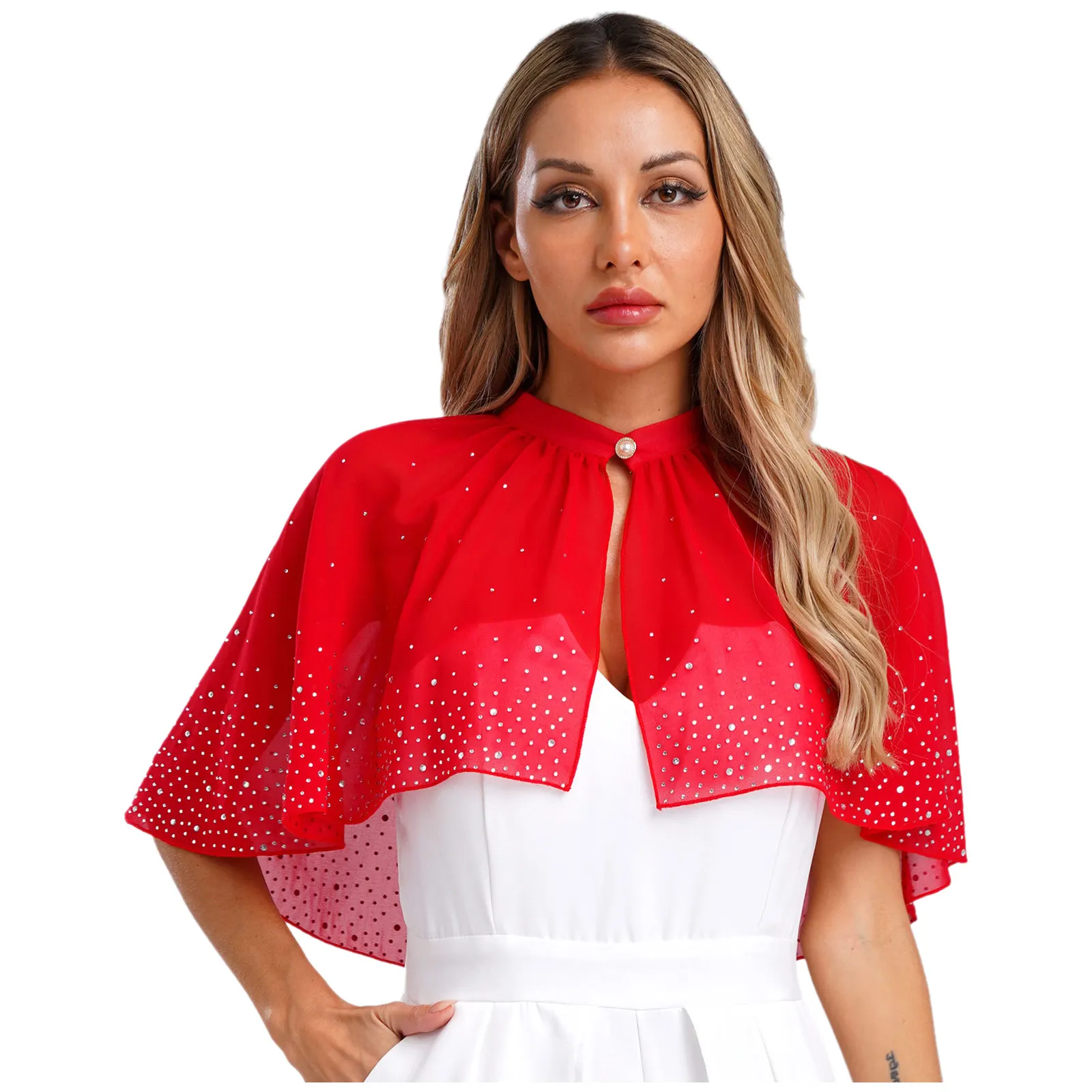 

Women Wedding Party Chiffon Bolero Shrug Capes Shiny Rhinestone Shawl Wraps for Banquet Bridal Bridesmaid Evening Dress Cover Up