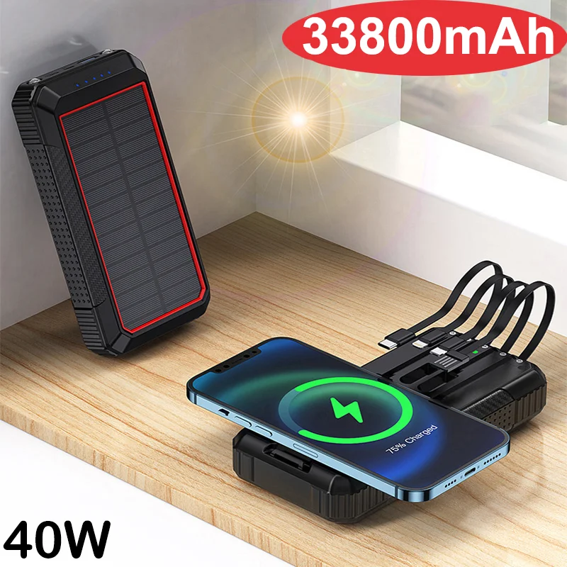 15W Wireless Solar Power Bank 33800mAh Portable Solar Charger Powerbank for iPhone 15 14 Xiaomi Samsung Poverbank Built in Cable