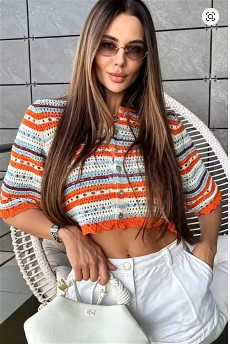 Smvp Women's Jacket 2026 Summer New Colorful Striped Short-Sleeve Hollow Decorative Knit Cardigan for Beach Vacation