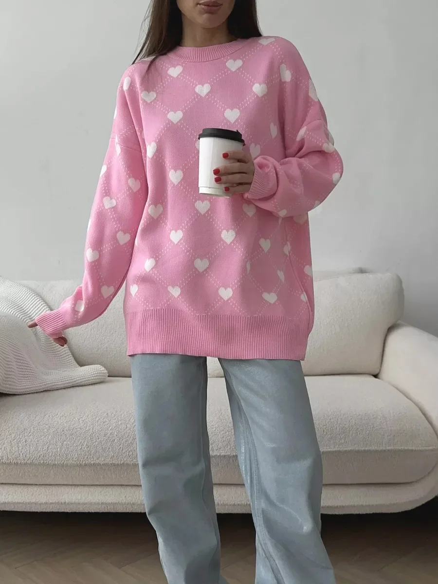 Bornladies Autumn Winter New Warm Love Printed Sweater Women\'s Loose Casual Mid Length Fashion Sweater O-neck Pullover Top