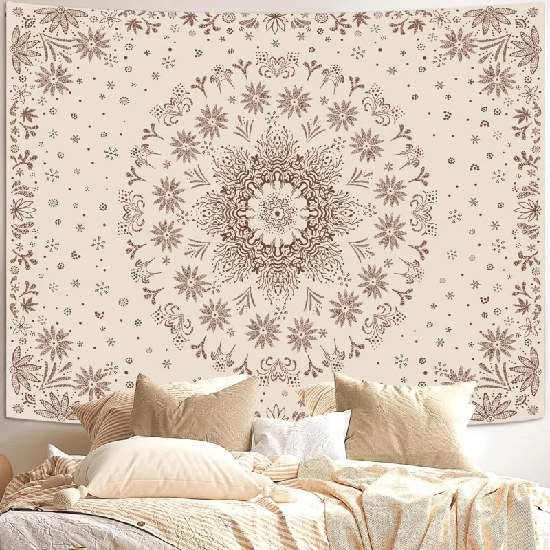 VIKAMA Bohemian Floral Mandala Tapestries, Bohemian-Style Flower Badge Tapestries, And Elegant Beige/Brown Fashion Decorations