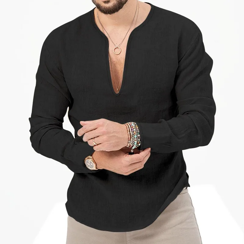 Men's Shirt Cotton Linen V Neck Olive Green Shirts Slim Fit Black Casual Shirt Hem Split Beige Long Sleeve Shirt Navy Blue