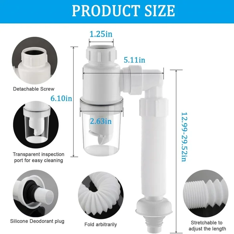 P-Trap Kitchen Sink Drain Retractable Deodorizing Filter Flexible Downspout Bathroom Sink Anti Clogging Kitchen Accessories