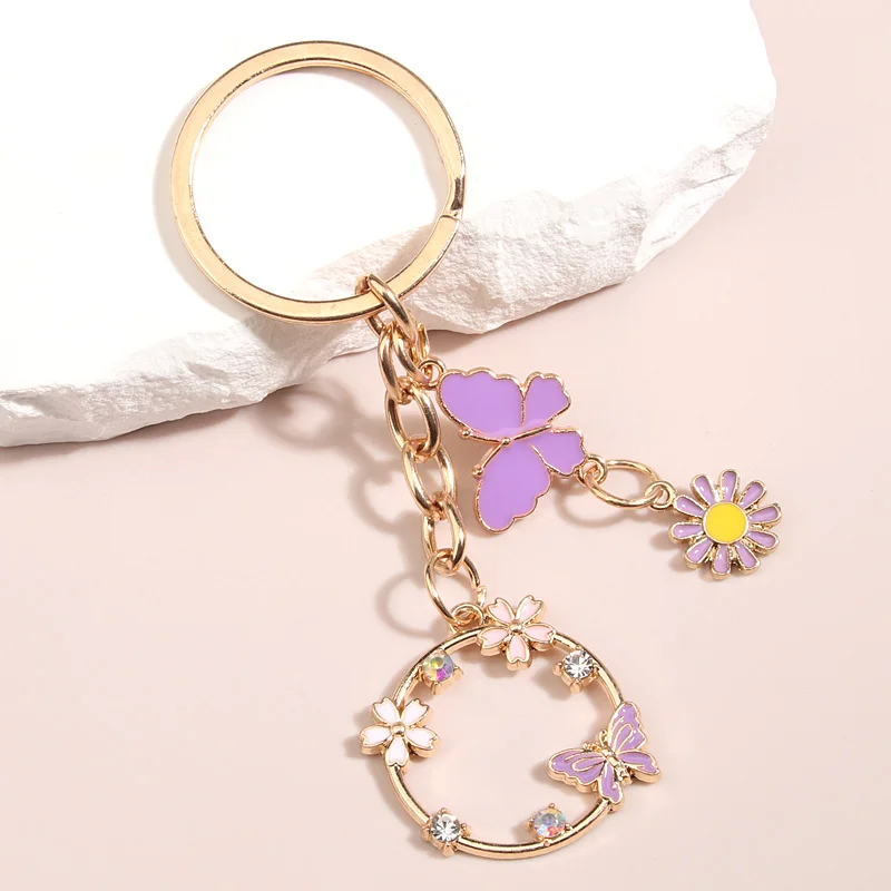 Cute Enamel Keychain Butterfly Flower Key Ring Garden Key Chains Souvenir Gifts For Women Girls Handbag Accessorie DIY Jewelry