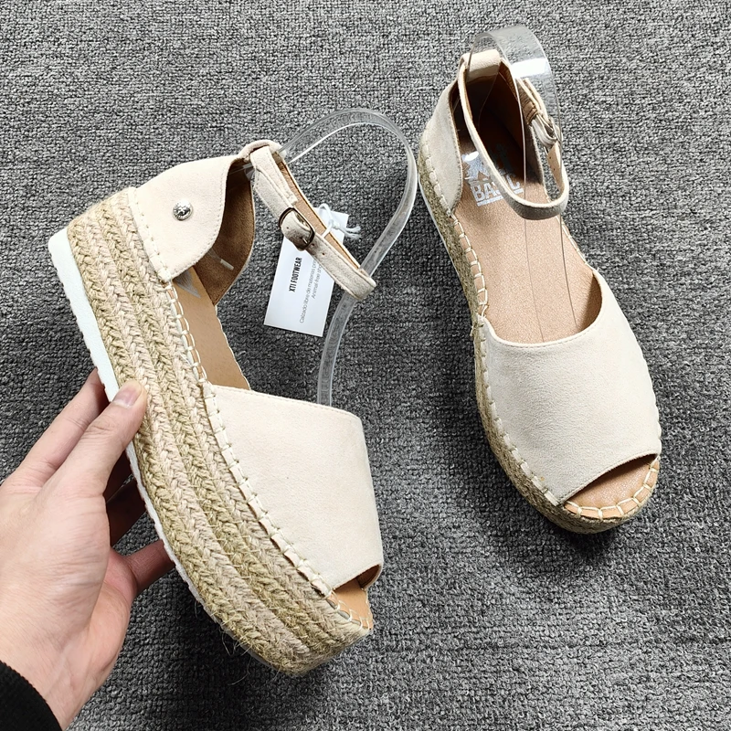 Velvet Shoes Med High Heel Sandal for Women Open Toe Suit Female Beige Large Size Clogs Wedge Muffins shoe Buckle Strap Suede Me