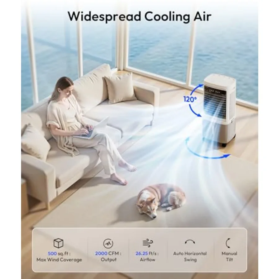 3-in-1 Portable Evaporative Air Cooler for large room and outdoor use, plastic housing, white, 2000 CFM airflow with dual 6.6-g