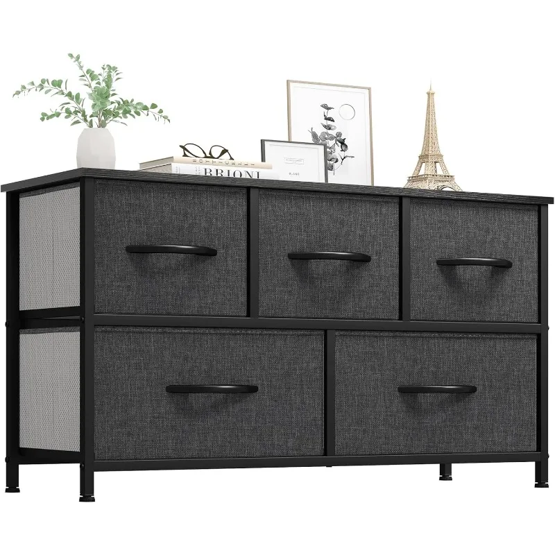 Dresser with 5 Drawers - Fabric Storage Tower, Black Dresser & Chest of Drawers, Organizer Unit for Bedroom