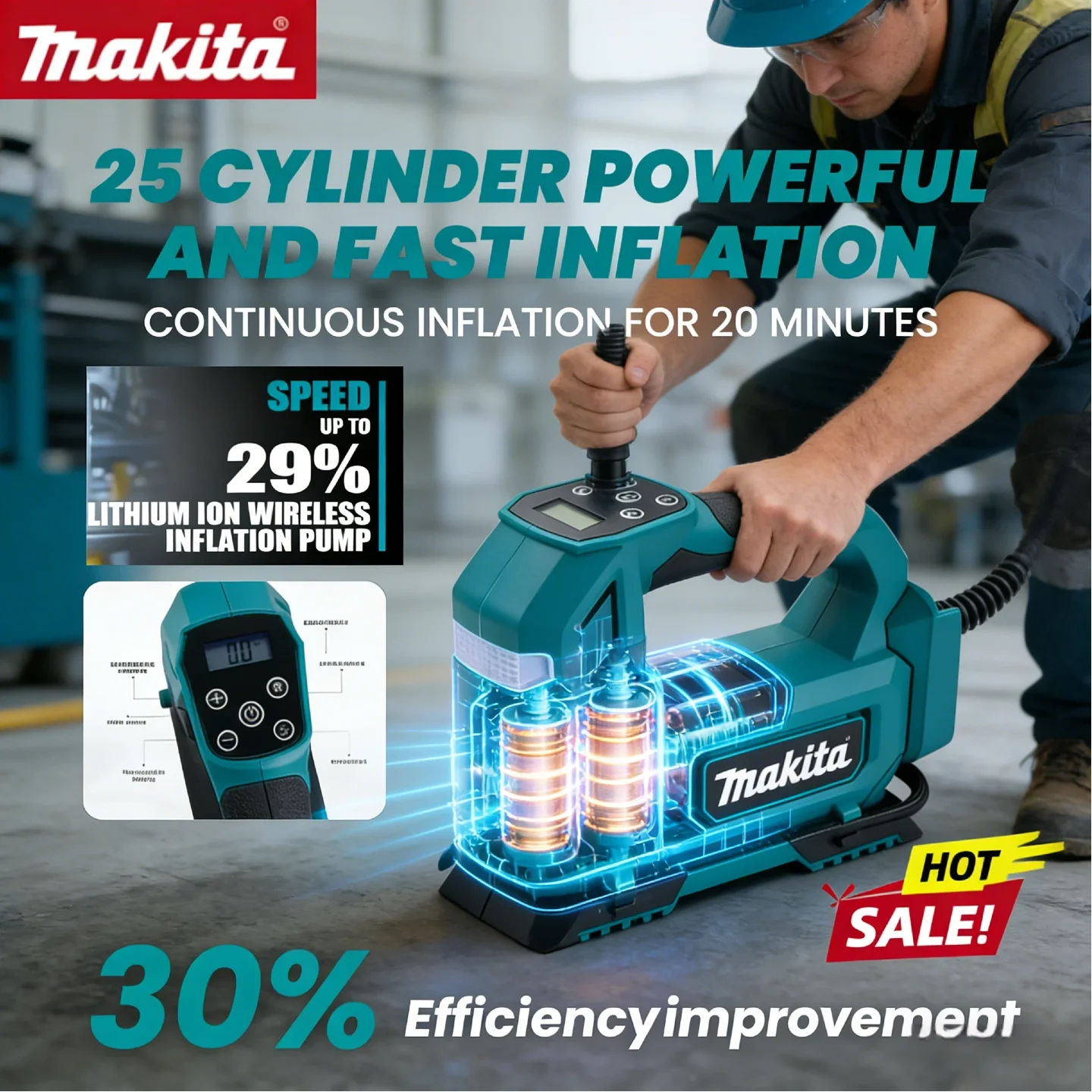 Makita Pump18V Battery brushless air Pump Cordless Air Inflator: Portable Tyre Pump with Digital Display for Cars & Motorcycles