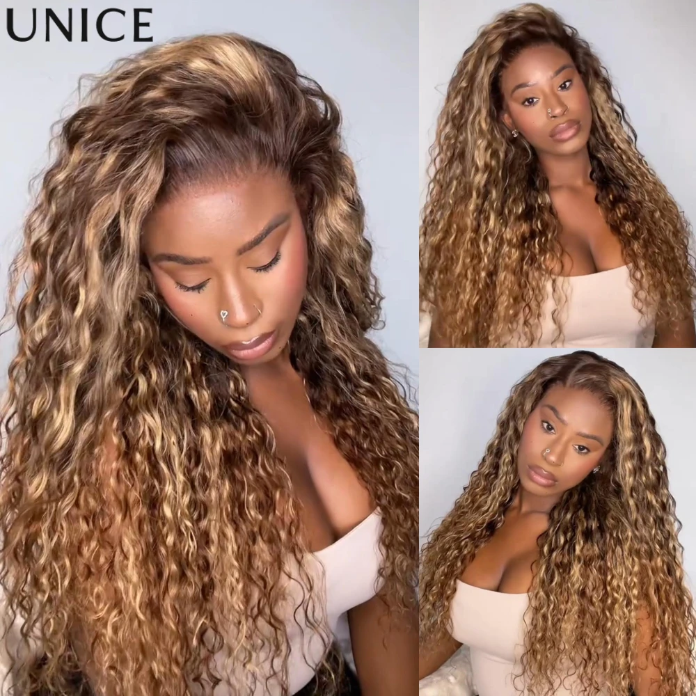 Peluca UNice Honey Blonde con reflejos rubios, ondas de agua, raya lateral 13x4 Bye Bye Slip ™ Pelucas de Cabello Humano con Frente de Encaje, 150% de Densidad