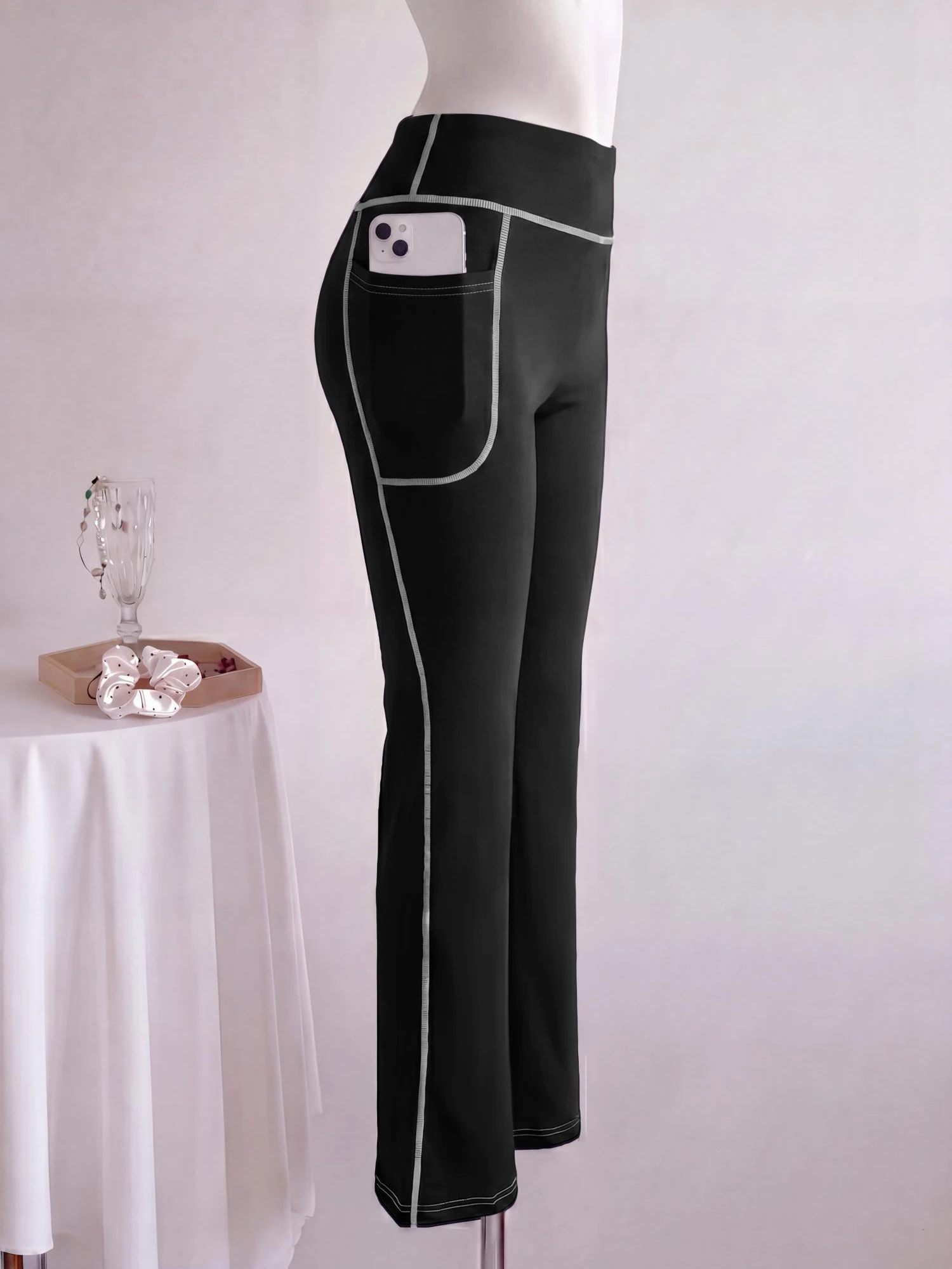 Ladies Outline Stitch Bootcut Trousers High Rise Tummy Shaping Flare Pants Side Storage Pocket Soft Elastic Street Long Pants