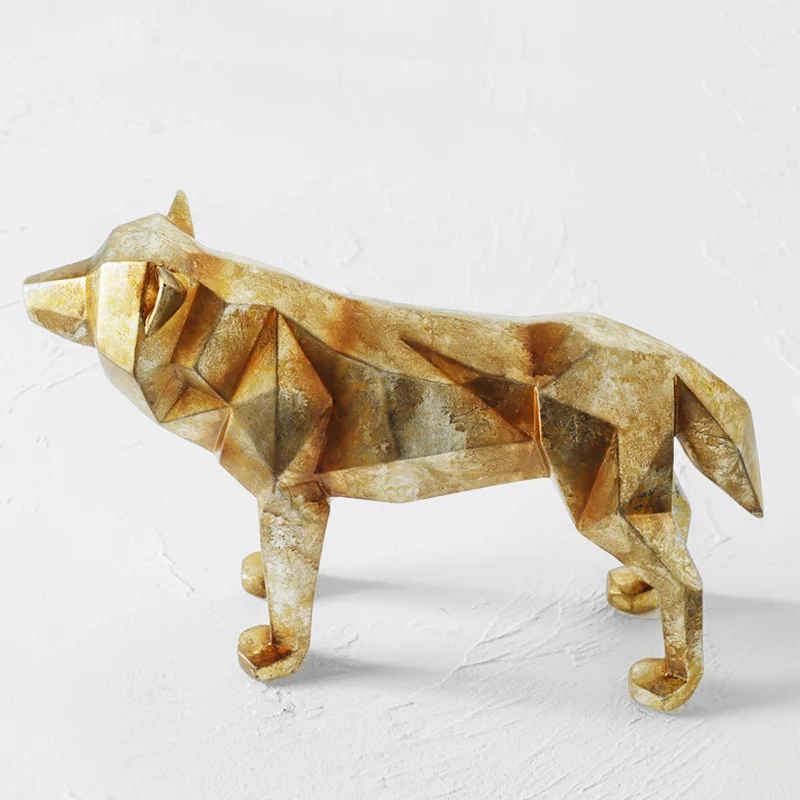 Resin Handicraft Animal Sculpture Golden Bear Wolf Geometric Abstract Decorative Figurines Home Decoration Accessories