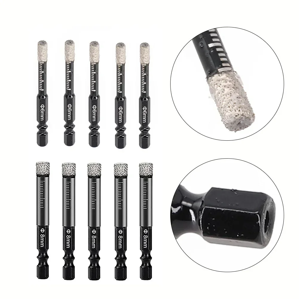 5pcs Drill Bits Set 6mm/8mm Vacuum Brazed Dry Diamond Hole Saw For Granite Tile Ceramic Marble Stone Glass Quick Change Hex