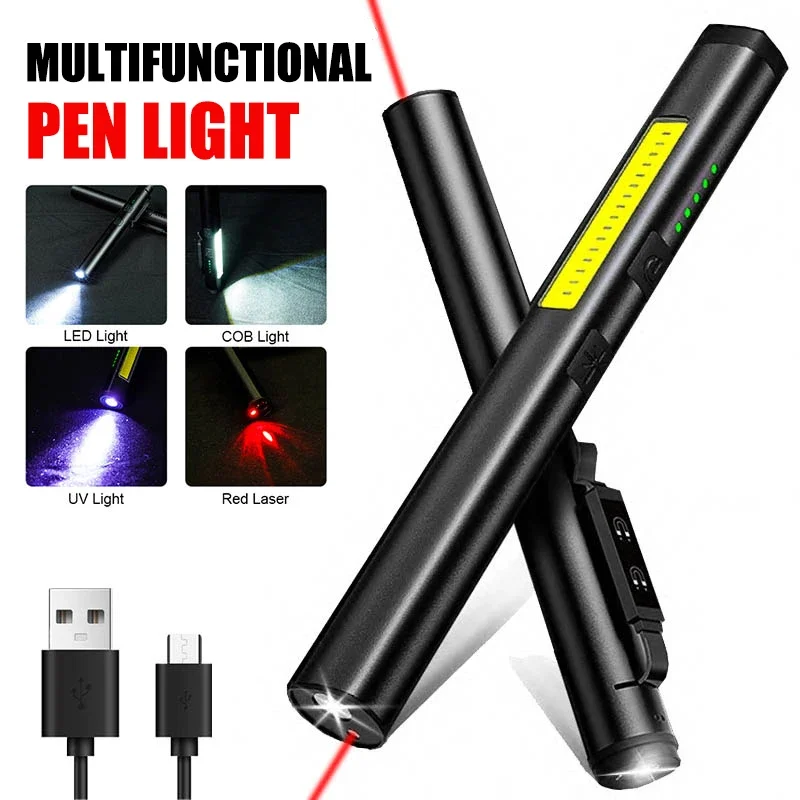 Mini Multifunctional Pen Flashight 4 In 1(UV/LED/COB/Laser) Type-C Rechargeable Medical Torch With Power Display Work Lantern