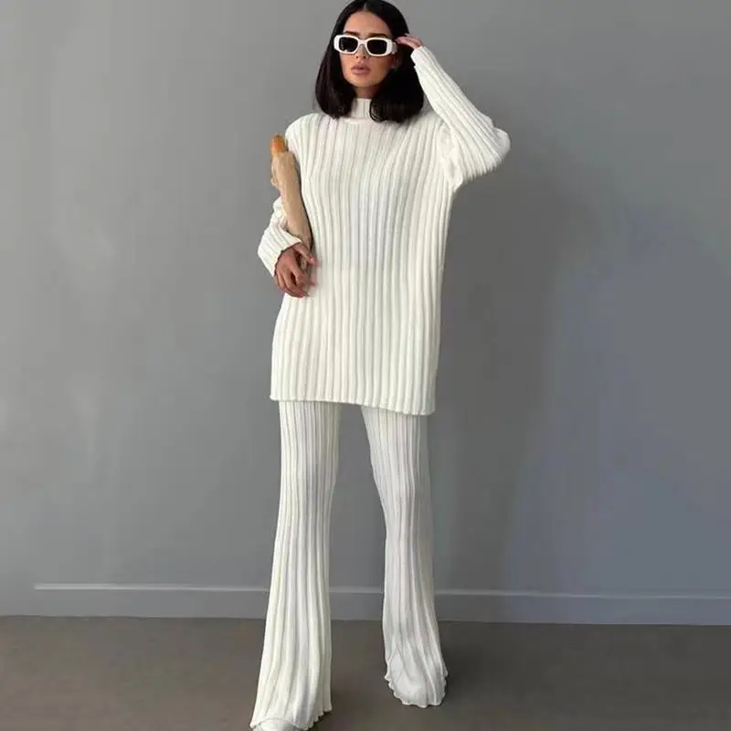 

Autumn Winter Solid Two Pieces Suits Women Long Sleeve Sweater+Elastic Waist Long Pants Ladies Casual Loose 2pcs Sets E1485