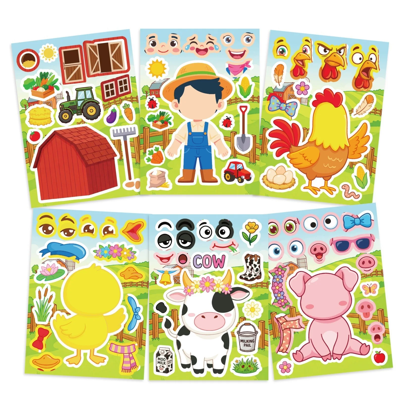 6 Sheets Per Pack Creative Farm‑Themed Face‑Changing Puzzle Stickers, Decals for Journal Notebook Luggage DIY Craft Decoration