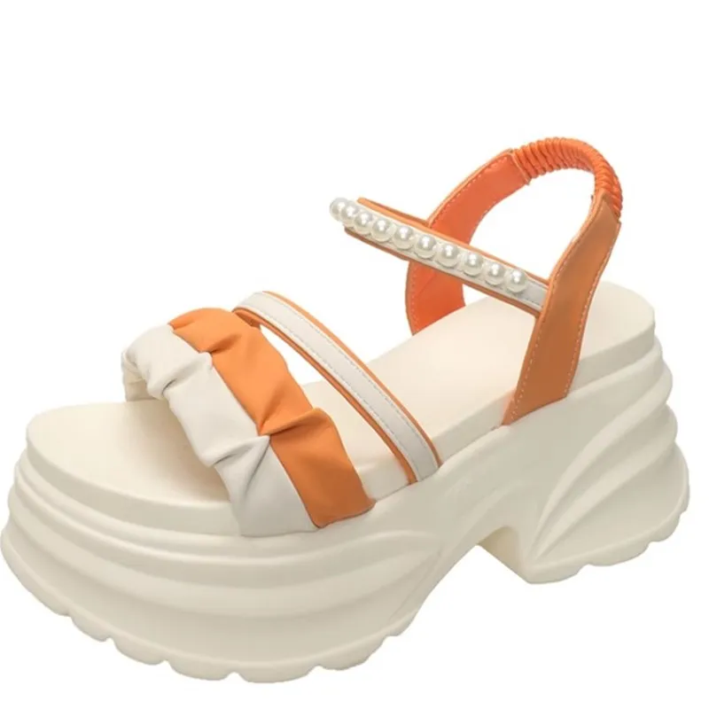 

Лето 202, массивные сандалии, женские шлепанцы на танкетке, кожаные повседневные женские пляжные шлепанцы на высоком каблуке 8 см, пляжные шлепанцы на толстой подошве