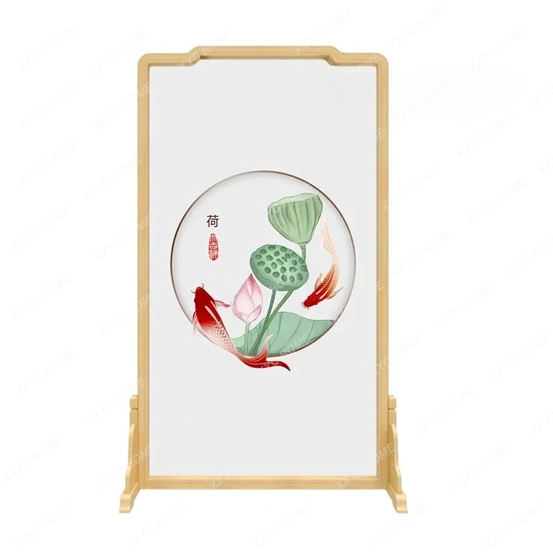 Modern screen partition solid wood living room entrance new Chinese lotus fabric tenon and mortise design can be customized
