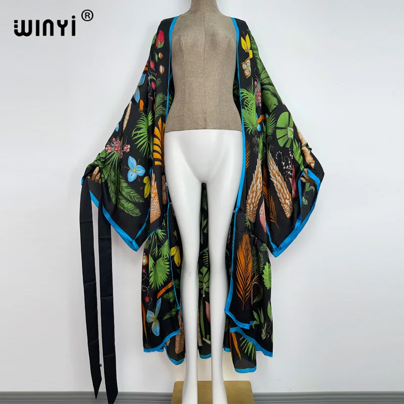 WINYI Bikini Cover-ups Black Retro Fashion printing Self Belted Women Summer Clothing Kimono Dress Beach Wear Swim Suit Cover Up