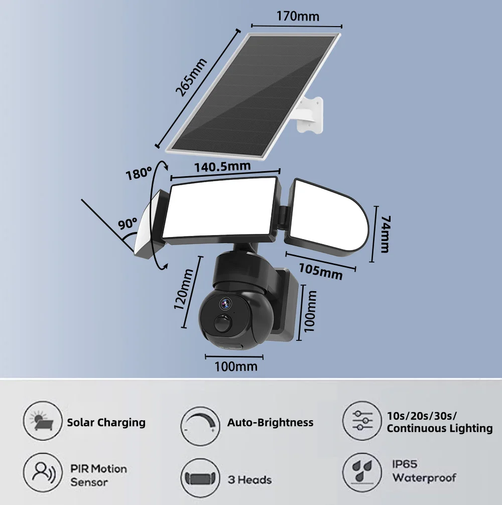 

Solar Floodlight PTZ Camera YDS80 WiFi Solar Power Wireless Floodlight 4G Ptz Camera 3MP AI Auto Tracking Led Street Lights