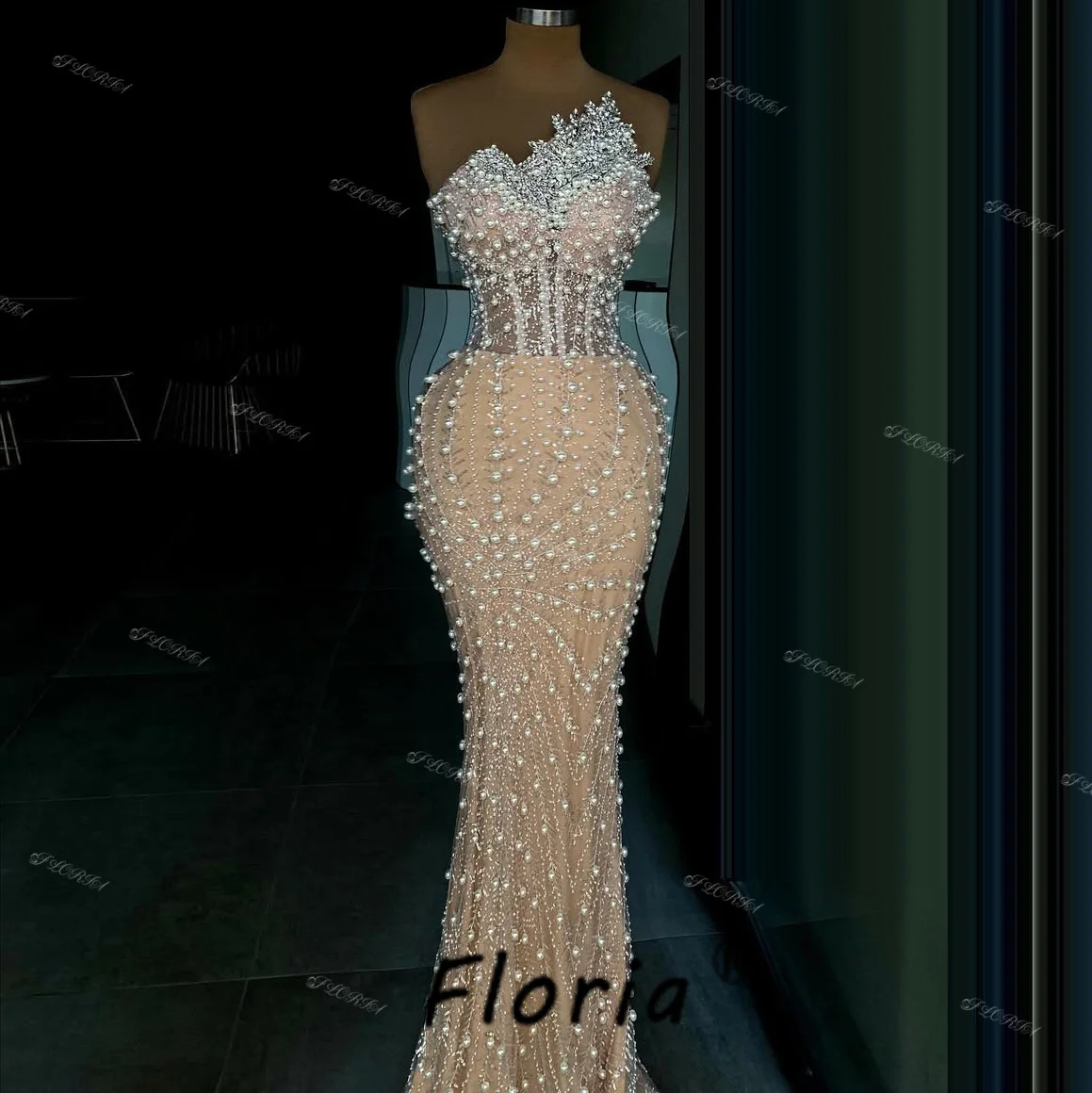 Luxury Heavy Beads Mermaid Prom Dress Full Pearls Crystal Sleeveless Wedding Engagement Gowns vestidos de fiesta elegantes 2025