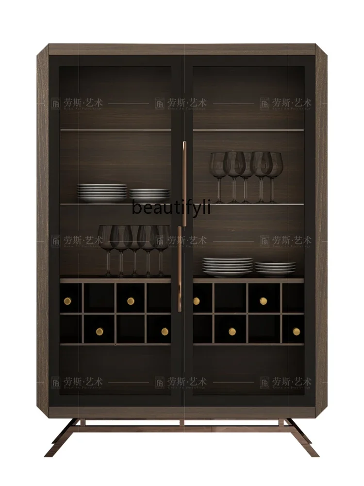 Postmodern light luxury wine cabinet, Italian minimalist restaurant glass storage cabinet with LED lights