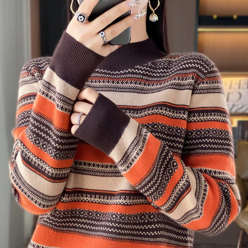 2024 Autumn/Winter Women\'s Cashmere Sweater Knitted Pullover Knitted Sweater Women\'s Warm Loose Striped Sweater Top