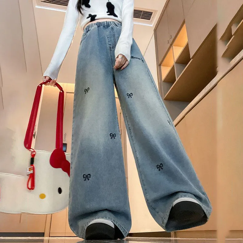 Plus size cintura alta reta perna larga jeans cintura elástica outono inverno calças jeans para mulher m/6xl até 100kg