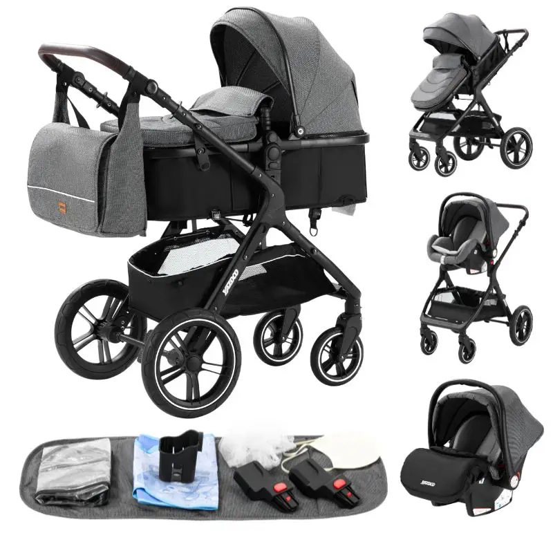 3-in-1 Babywandelwagen met autostoeltje en slaapmandje, lichtgewicht kinderwagen, multifunctionele babybuggy, compacte vouwwagen