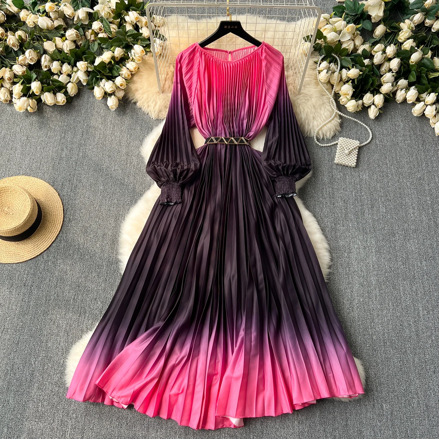 Vestido plisado de manga acampanada para mujer, Vintage, elegante, gradiente, básico, a la moda, verano y primavera